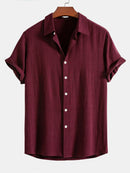 Linen Rayon Blend Button Up Shirt & Crinkled Textured Drawstring Shorts