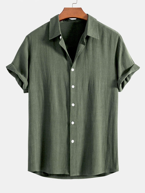 Linen Rayon Blend Button Up Shirt & Crinkled Textured Drawstring Shorts