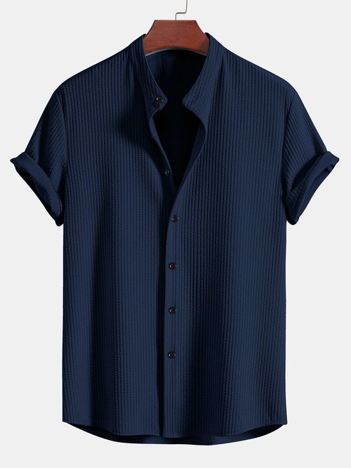 Muscle Fit Ribbed Stand Collar Shirt & Elastic Waist Straight Leg Trousers