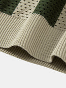Striped Eyelet Knit Zip Up Polo Shirt & Straight Leg Linen Pants