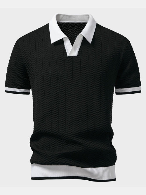 Texture Contrast Knitted V Neck Polo Shirt & Cotton Chino Shorts