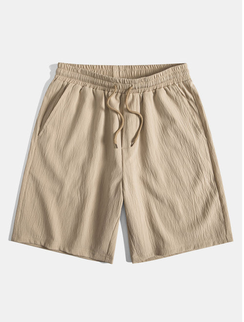 Geometric Striped Jacquard Button Up Shirt & Crinkled Textured Drawstring Shorts