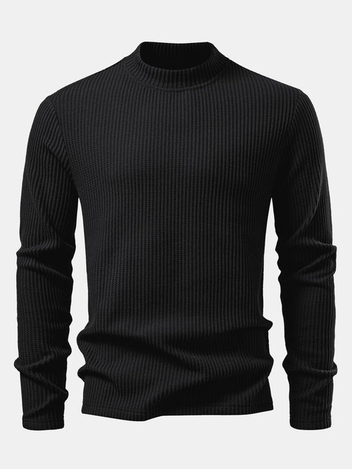 Long Sleeve Waffle Mock Neck T-Shirt & Drawstring Knitted Waffle Pants