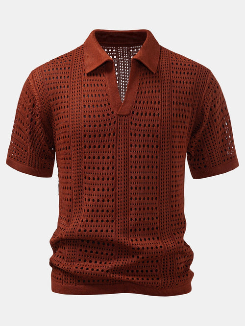 Crochet  V Neck Polo Shirt & Straight Leg Linen Pants