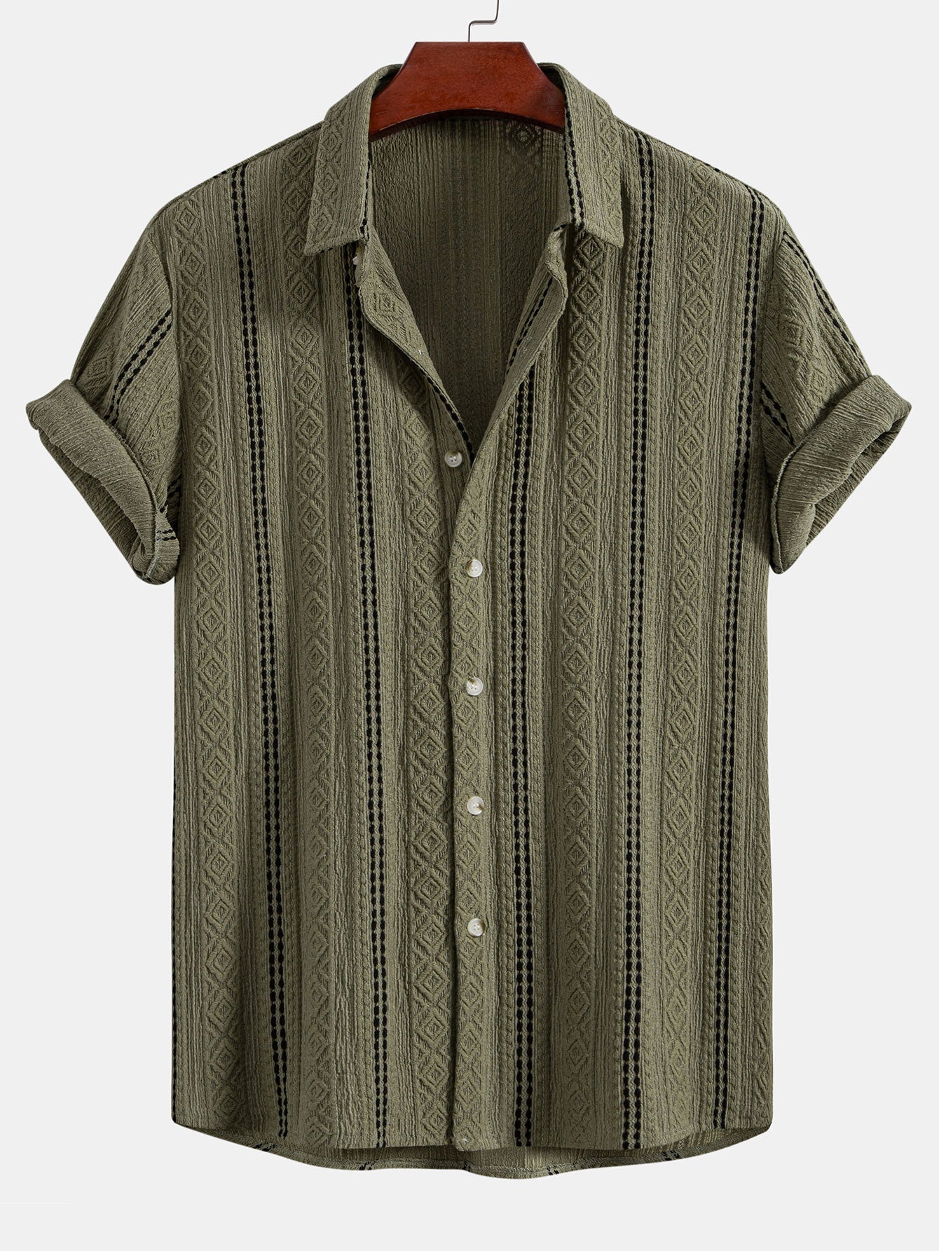 Geometric Striped Jacquard Button Up Shirt & Crinkle Textured Straight Leg Pants