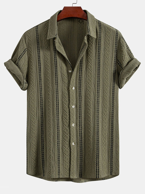 Geometric Striped Jacquard Button Up Shirt & Crinkle Textured Straight Leg Pants