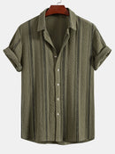 Geometric Striped Jacquard Button Up Shirt & Crinkled Textured Drawstring Shorts
