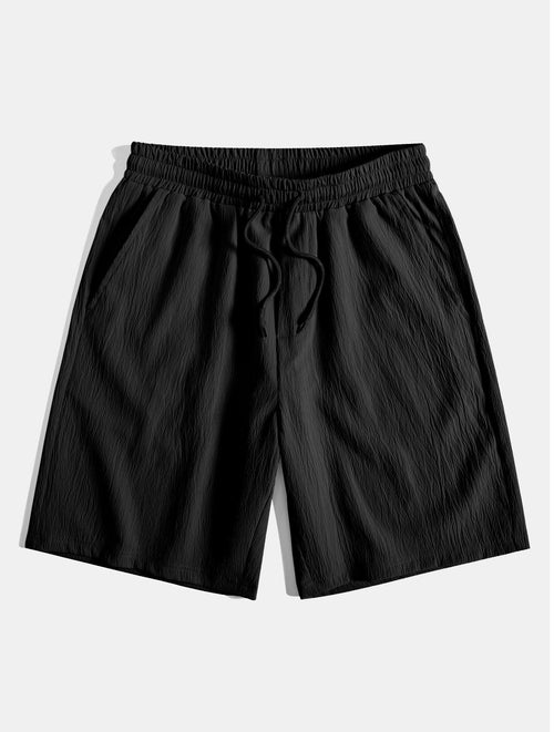 Linen Rayon Blend Button Up Shirt & Crinkled Textured Drawstring Shorts