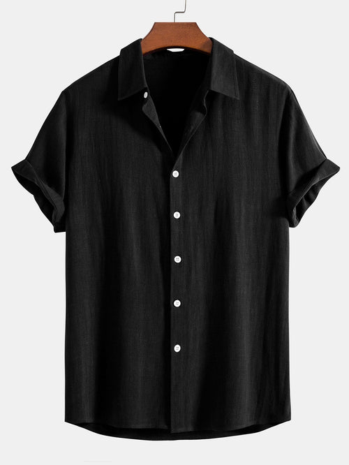 Linen Rayon Blend Button Up Shirt & Crinkled Textured Drawstring Shorts