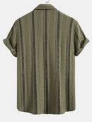 Geometric Striped Jacquard Button Up Shirt & Crinkled Textured Drawstring Shorts