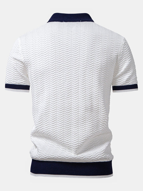 Texture Contrast Knitted V Neck Polo Shirt & Straight Leg Ribbed Pants
