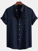 Short Sleeve Stand Collar Shirt & Straight Leg Linen Pants