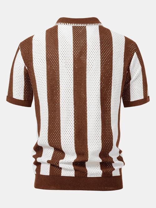 Striped Eyelet Knit Zip Up Polo Shirt & Straight Leg Linen Pants