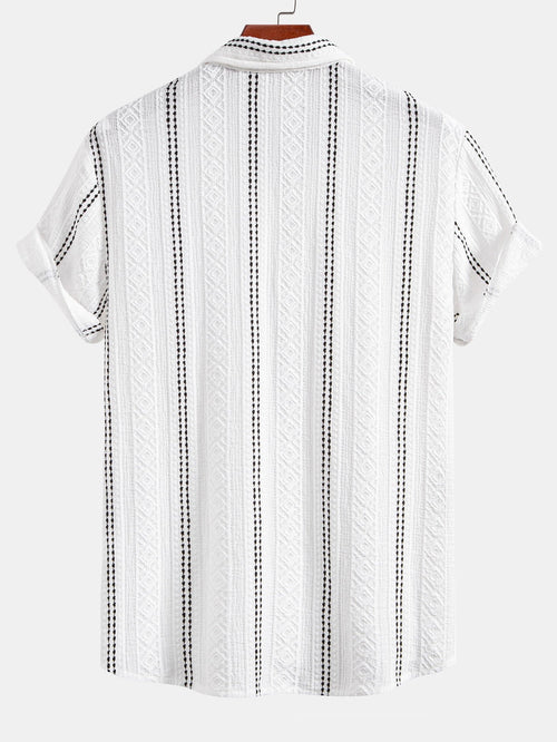 Geometric Striped Jacquard Button Up Shirt & Crinkle Textured Straight Leg Pants