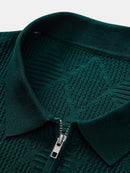 Rhombus Textured Zip Up Knitted Polo Shirt & Slim Fit Tapered Trousers