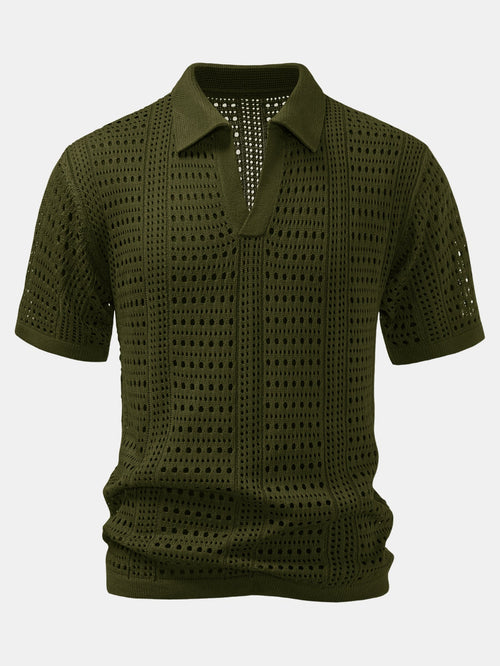 Crochet  V Neck Polo Shirt & Straight Leg Linen Pants