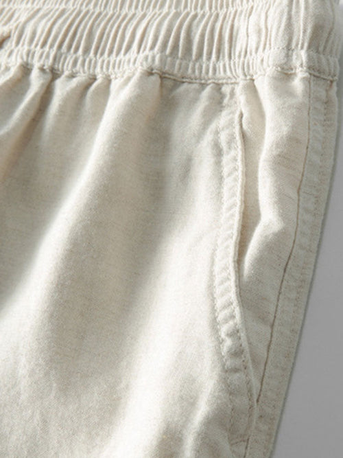 Striped Eyelet Knit Zip Up Polo Shirt & Straight Leg Linen Pants