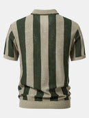 Striped Eyelet Knit Zip Up Polo Shirt & Straight Leg Linen Pants