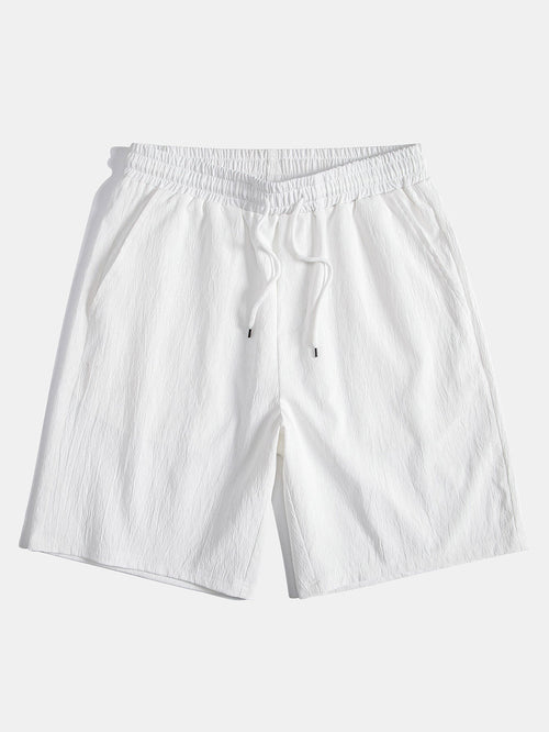 Geometric Striped Jacquard Button Up Shirt & Crinkled Textured Drawstring Shorts