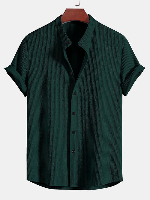 Muscle Fit Ribbed Stand Collar Shirt & Elastic Waist Straight Leg Trousers