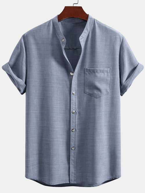 Short Sleeve Stand Collar Shirt & Straight Leg Linen Pants