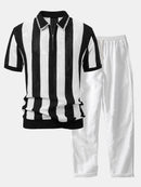 Striped Eyelet Knit Zip Up Polo Shirt & Straight Leg Linen Pants