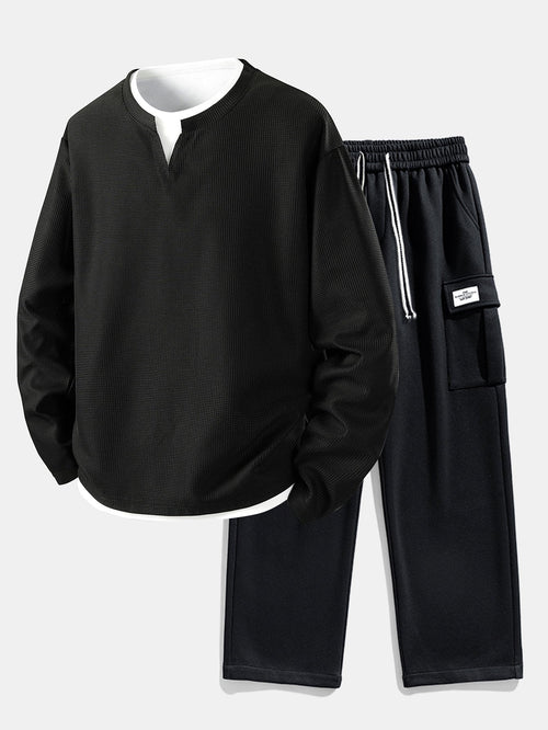 Relax Fit Long Sleeve 2 In 1 Waffle T-Shirt & Relax Fit Straight Leg Jersey Cargo Pants