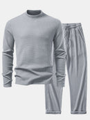 Long Sleeve Waffle Mock Neck T-Shirt & Drawstring Knitted Waffle Pants