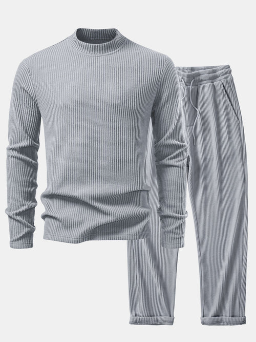 Long Sleeve Waffle Mock Neck T-Shirt & Drawstring Knitted Waffle Pants