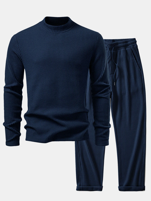 Long Sleeve Waffle Mock Neck T-Shirt & Drawstring Knitted Waffle Pants