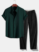 Muscle Fit Ribbed Stand Collar Shirt & Elastic Waist Straight Leg Trousers