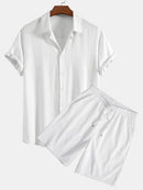 Linen Rayon Blend Button Up Shirt & Crinkled Textured Drawstring Shorts