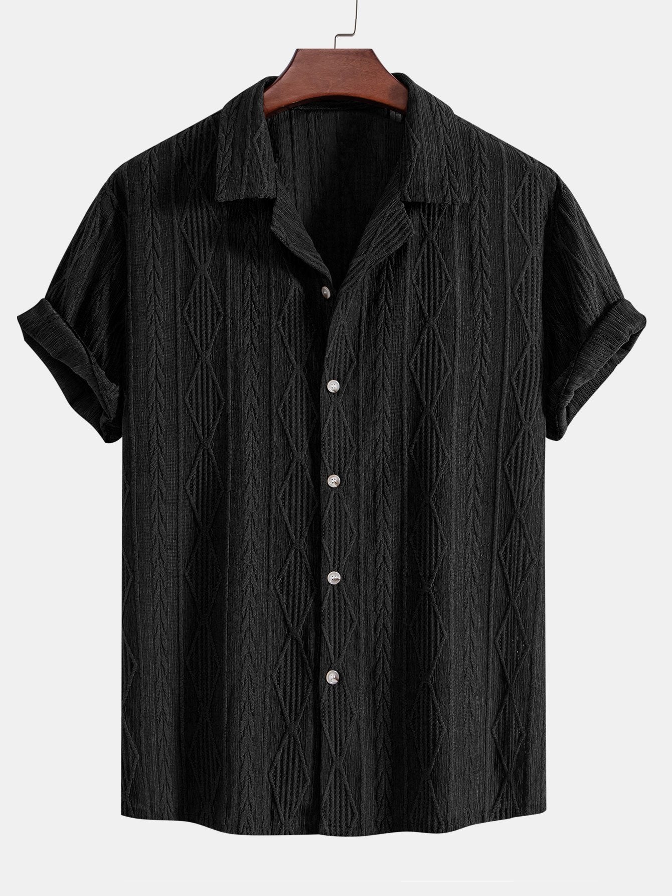 Geometric Jacquard Eyelet Cuban Shirt & Crinkled Textured Drawstring Shorts